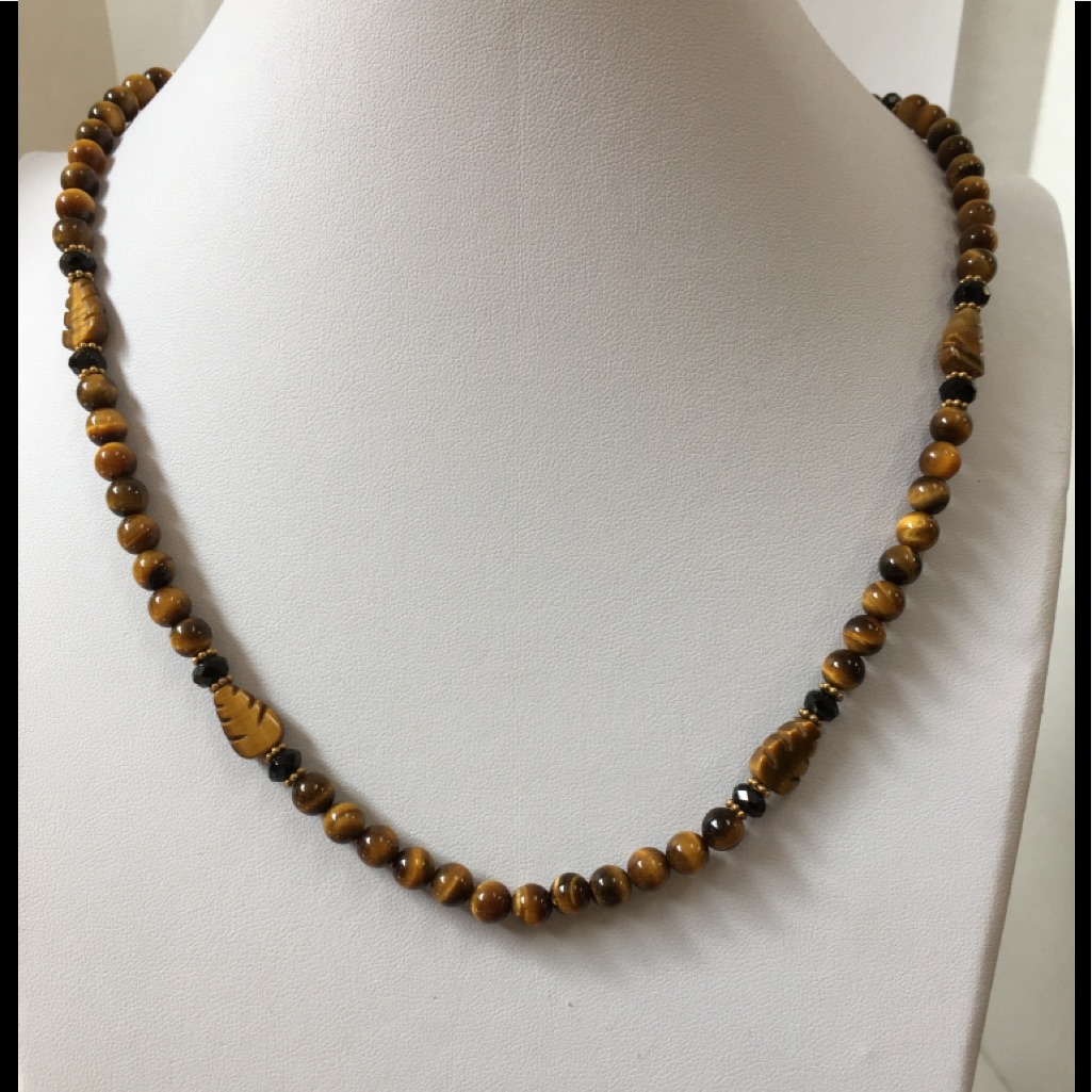 Tiger Eye Leaf, Round Beads & Black Onyx Necklace